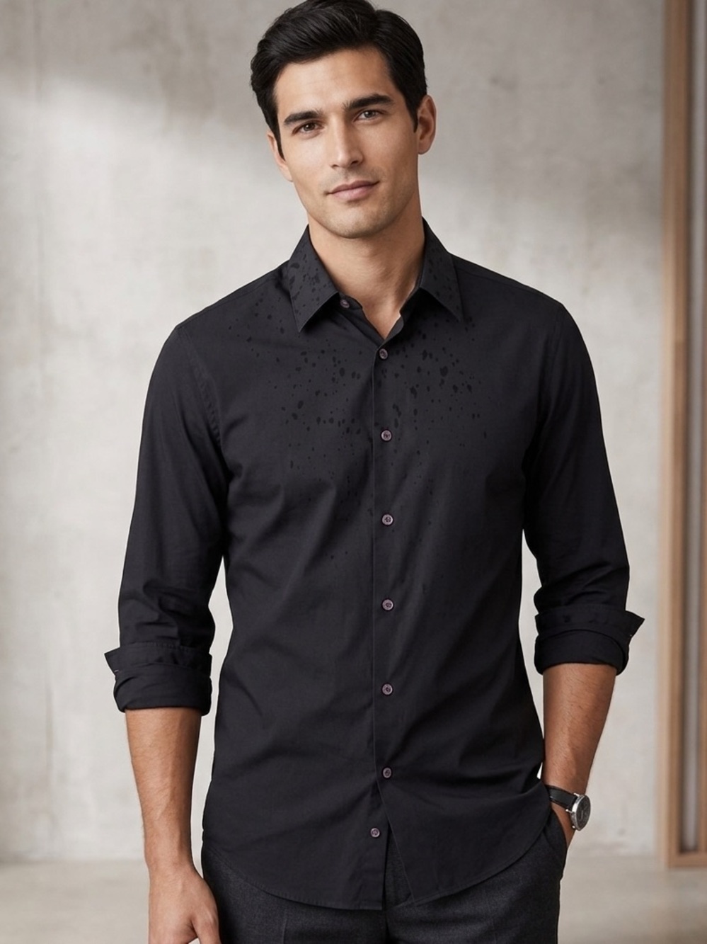 Theory Men's Black Long-Sleeve Dress Shirt with Subtle Dot Collar